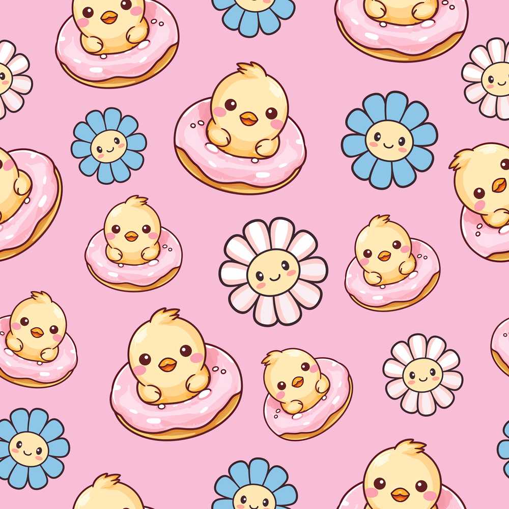 Cute Baby Chick Donut Flowers Soft Pink Background Wildflower
