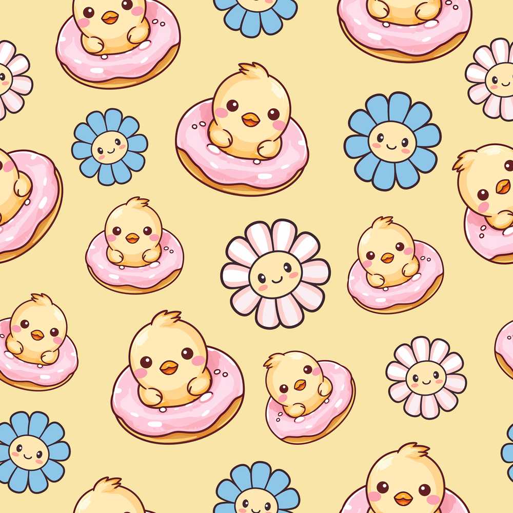Cute Baby Chick Donut Flowers Pastel Yellow Background Wildflower