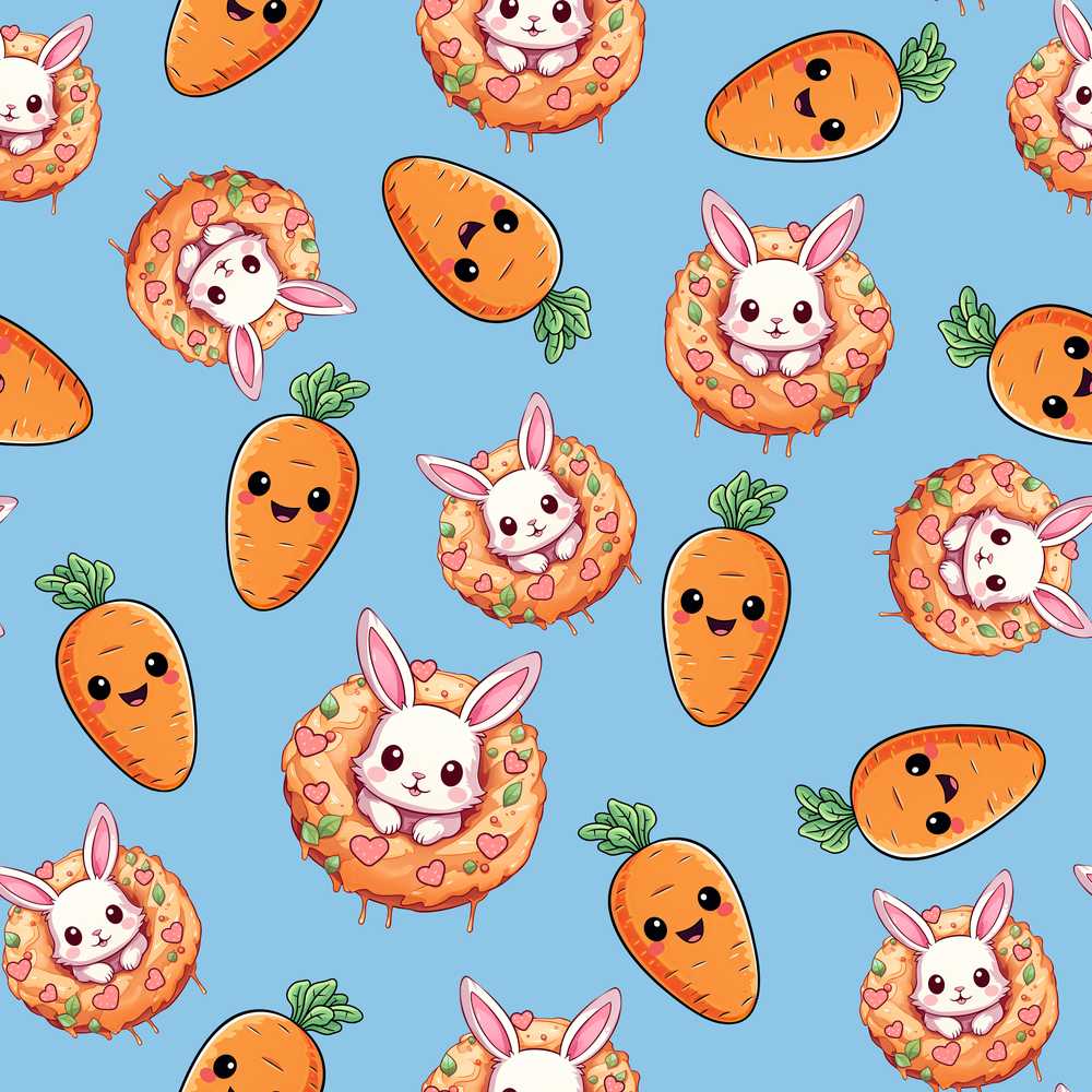 Cute Easter Bunny Carrot Donut Hearts Sky Blue Background