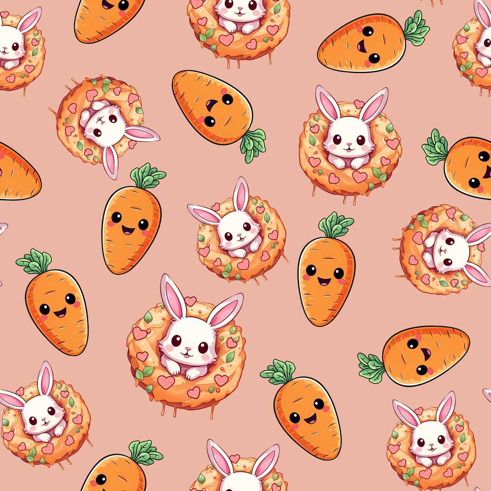 Cute Easter Bunny Carrot Donut Hearts Peach Background