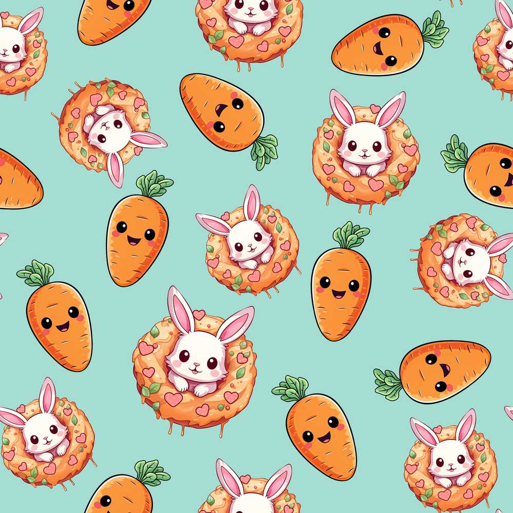 Cute Easter Bunny Carrot Donut Hearts Mint Green Background