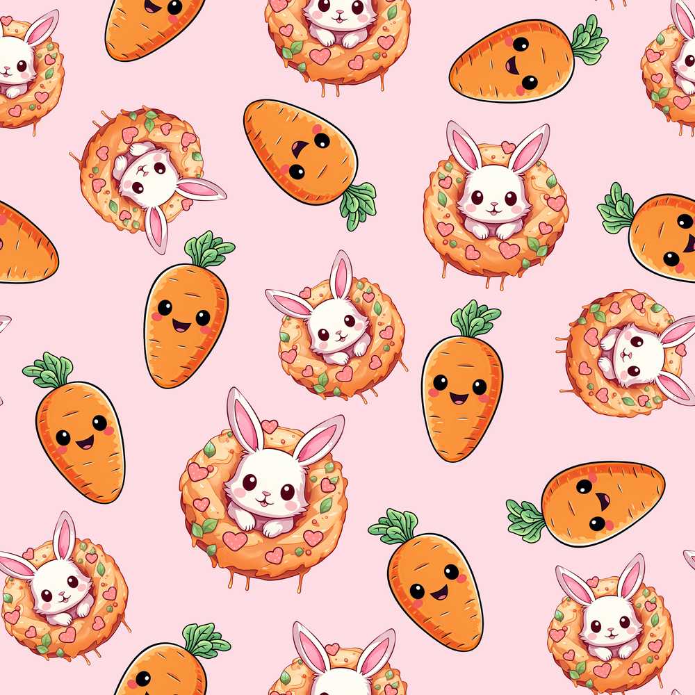 Cute Easter Bunny Carrot Donut Hearts Blush Pink Background