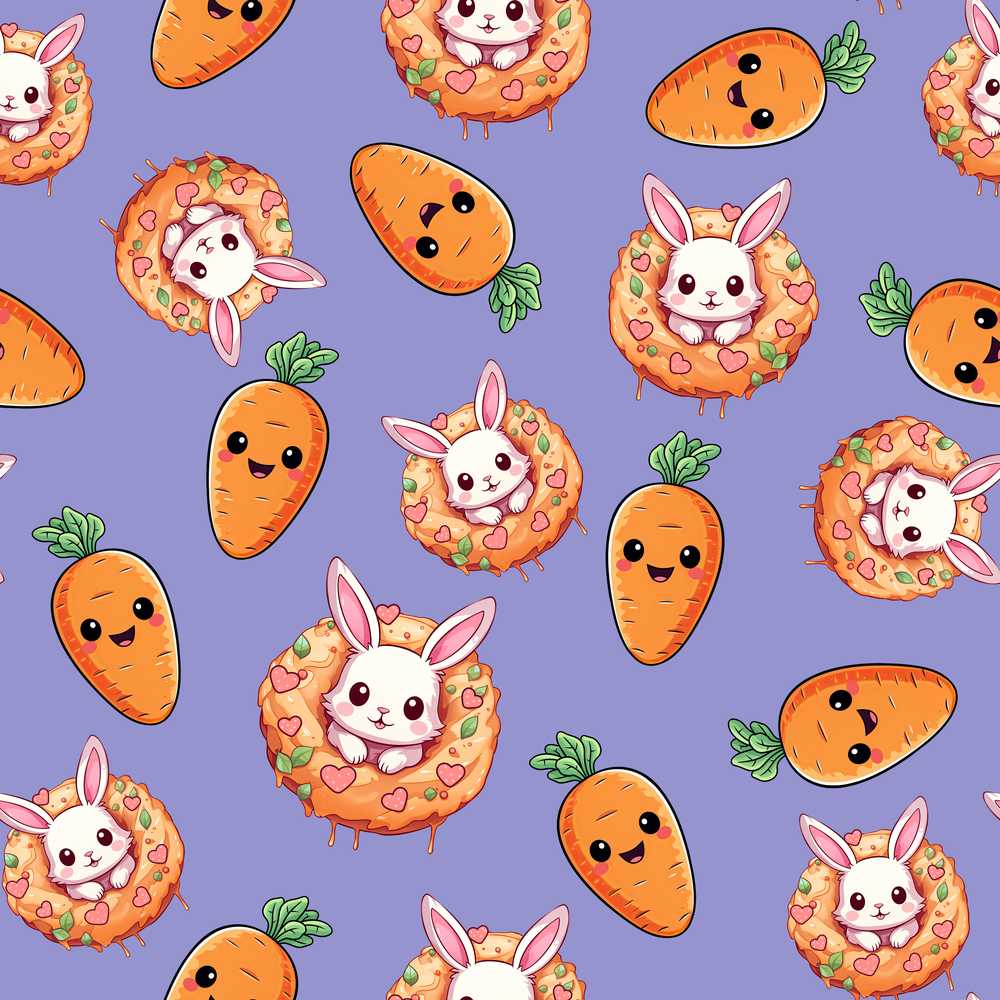Cute Easter Bunny Carrot Donut Hearts Lavender Purple Background