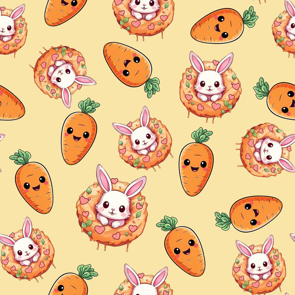 Cute Easter Bunny Carrot Donut Hearts Soft Yellow Background