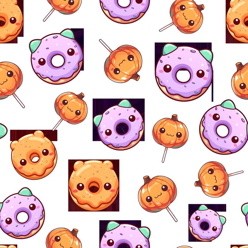 Cute Kawaii Donuts Pumpkin Lollipop Light Grey Background