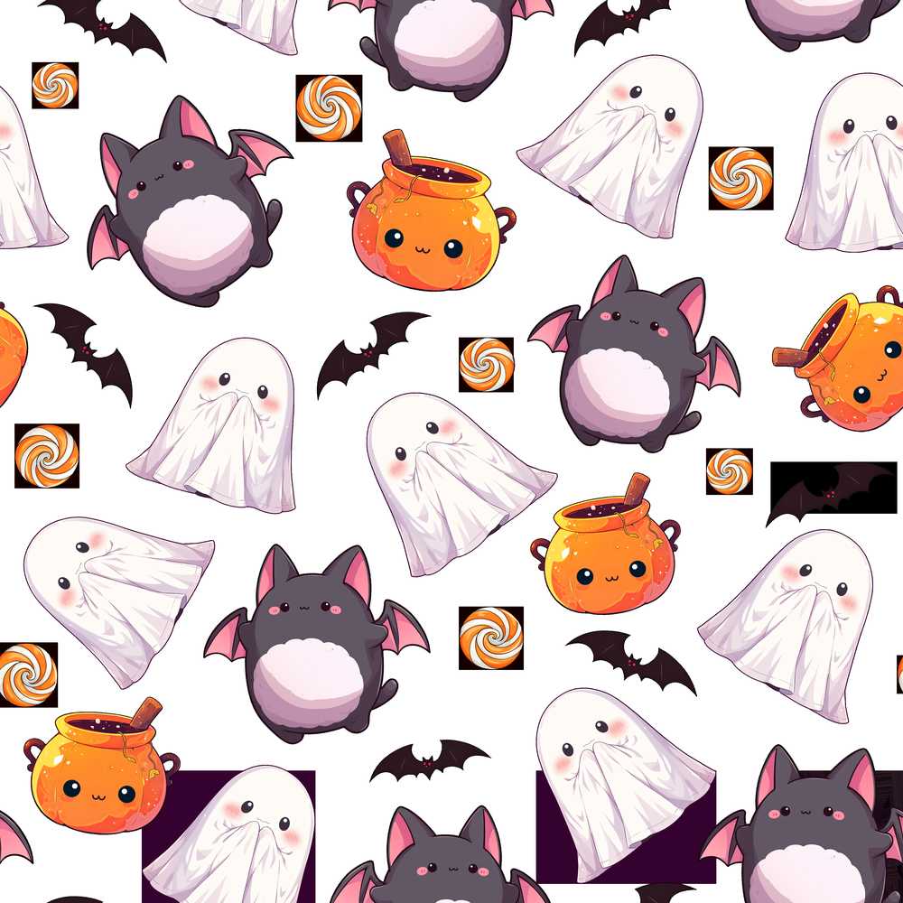 Cute Halloween Ghost Bat Candy Pumpkin White Background