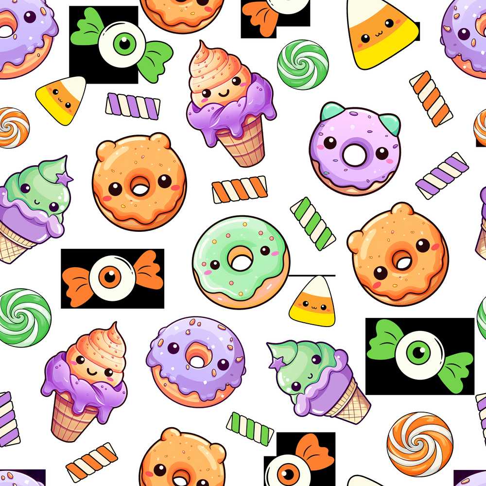 Cute Halloween Candy Donuts Ice Cream Kawaii Light Grey Background