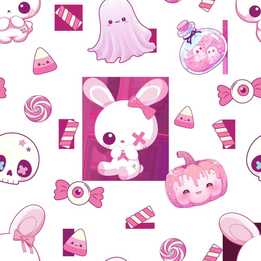 Cute Pastel Goth Bunny Ghost Pumpkin Candy Soft Grey Background