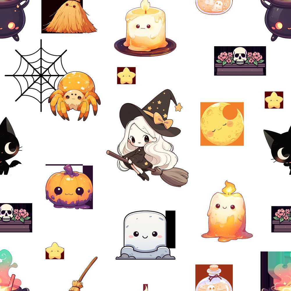 Cute Witch Pumpkin Spider Candle Moon Halloween Light Grey Background
