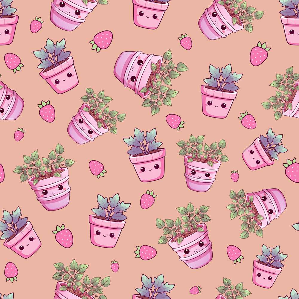 Cute Pink Plant Pots Leaves Strawberry Beige Background Wildflower