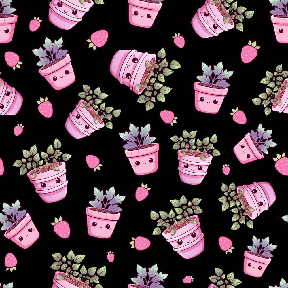 Cute Pink Plant Pots Leaves Strawberry Dark Background Wildflower