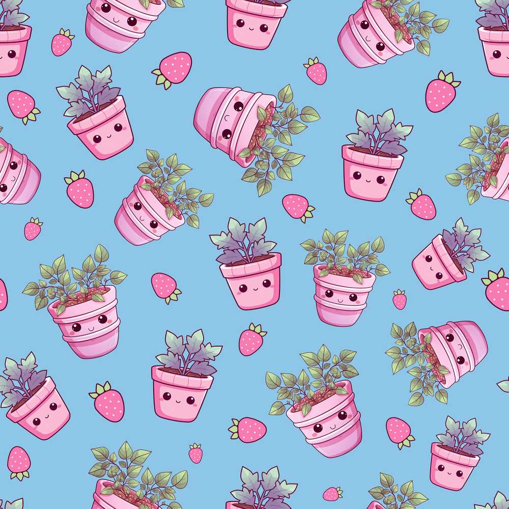 Cute Pink Plant Pots Leaves Strawberry Sky Blue Background
