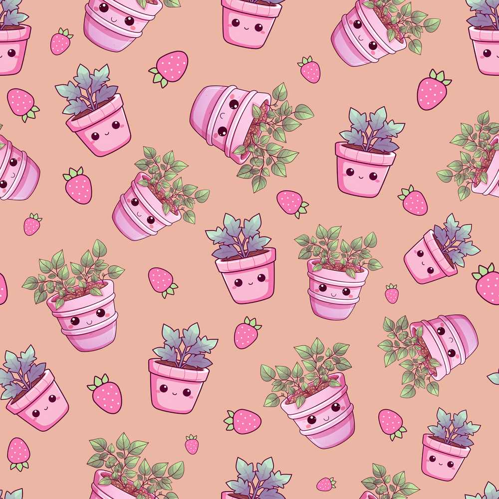 Cute Pink Plant Pots Leaves Strawberry Peach Background Wildflower