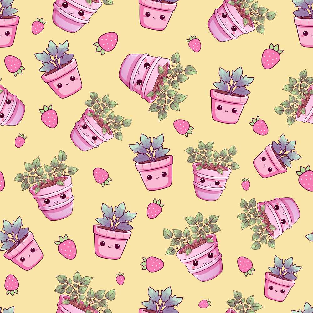 Cute Pink Plant Pots Leaves Strawberry Yellow Background Wildflower