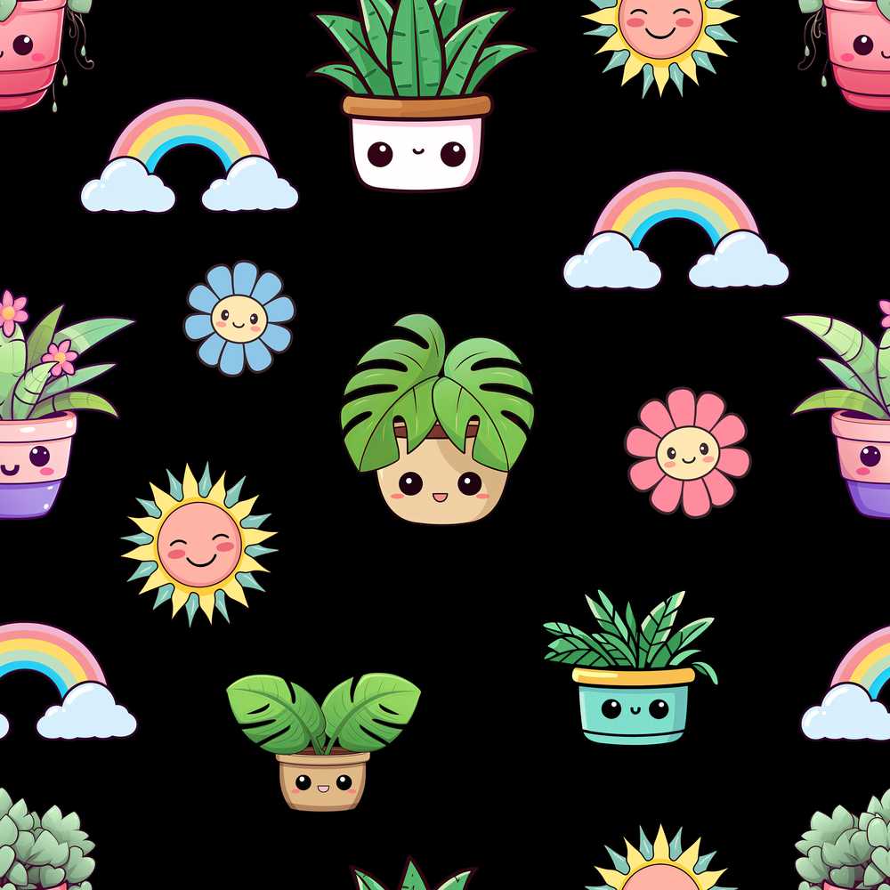 Cute Kawaii Rainbow Sun Flowers Plant Pots Black Background
