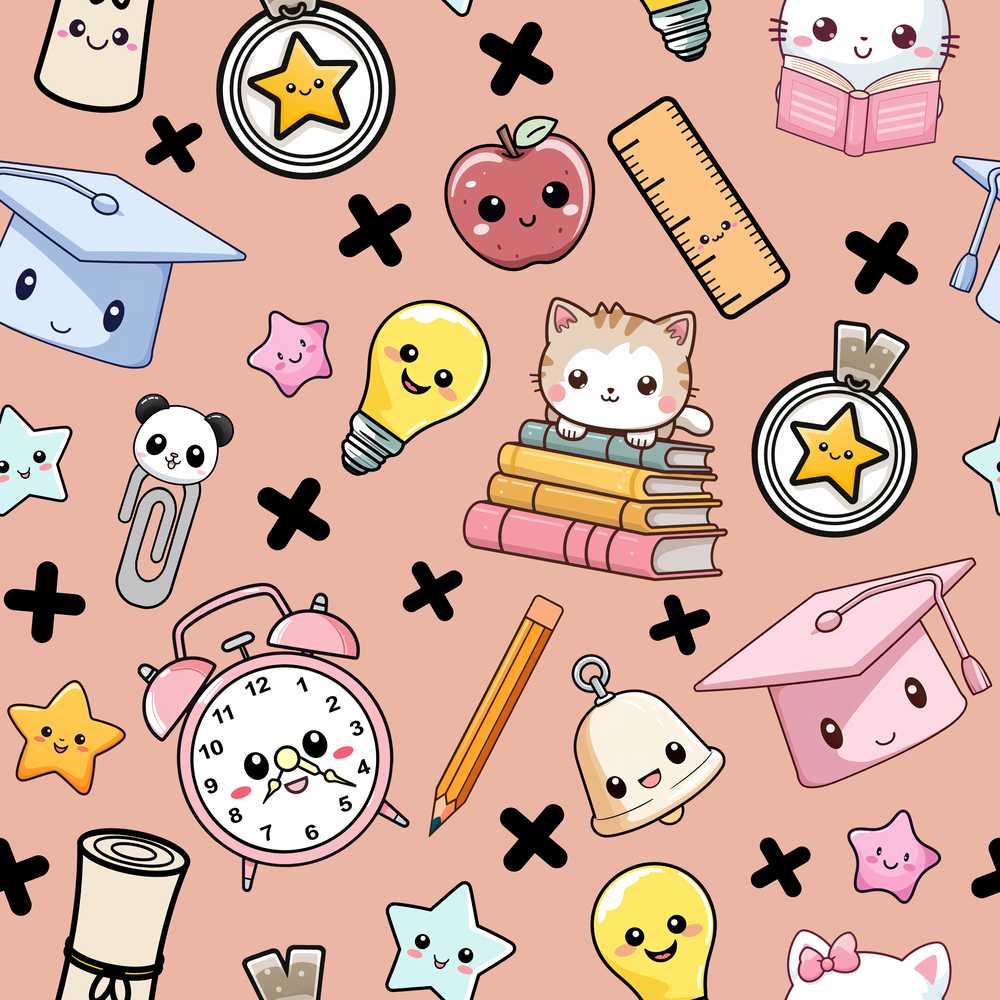 Cute Kawaii School Cat Books Apple Clock Supplies Peach Background