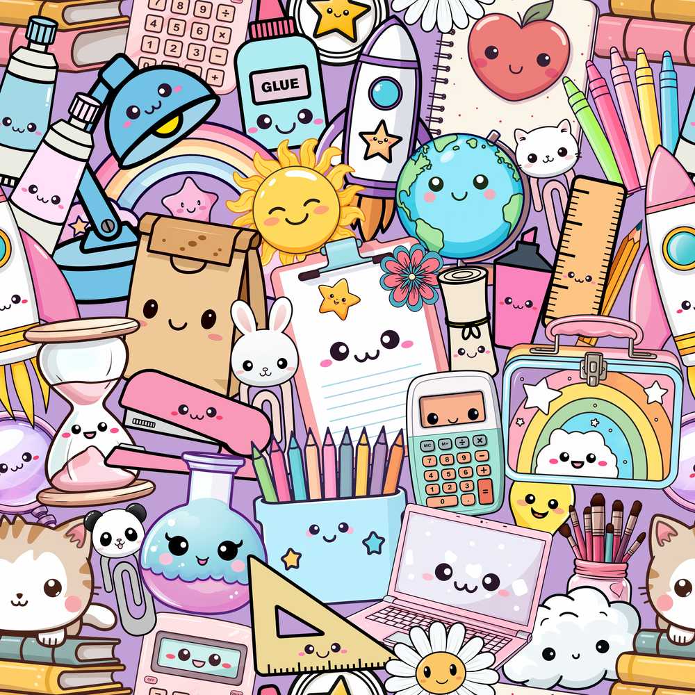 Cute Kawaii School Supplies Science Art Cute Purple Background