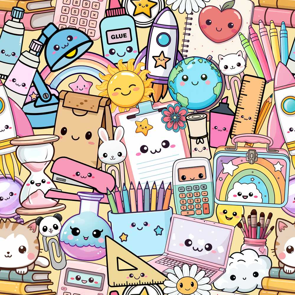 Cute Kawaii School Supplies Science Art Cute Yellow Background