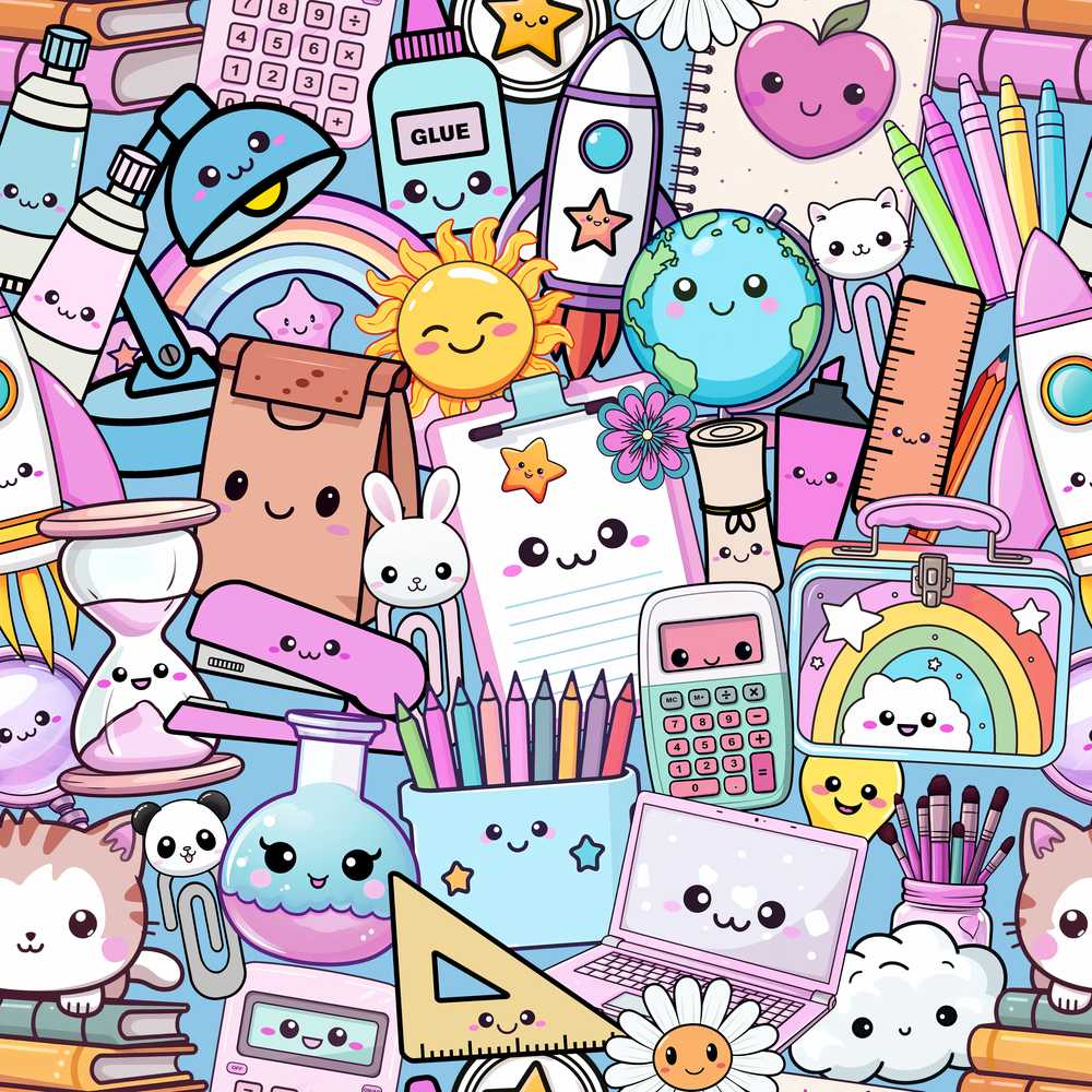 Cute Kawaii School Supplies Science Art Cute Blue Background