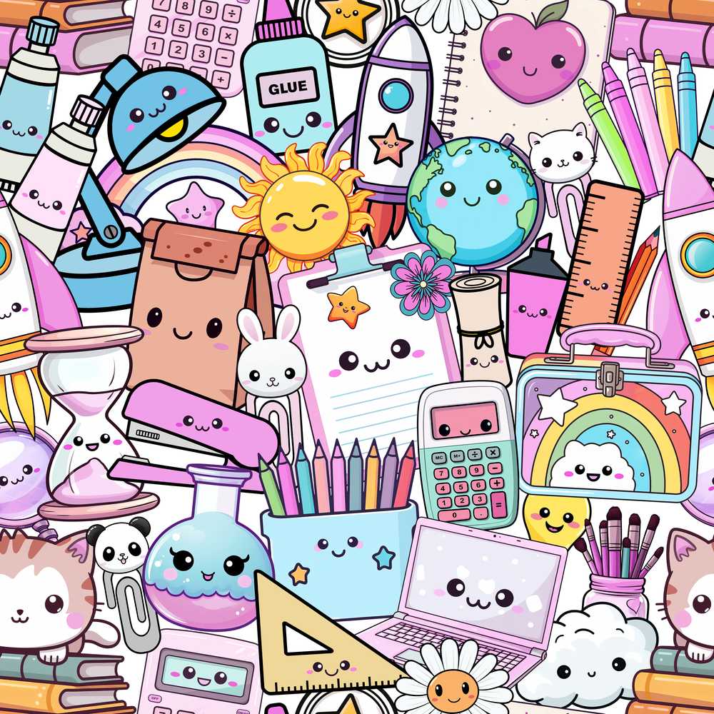 Cute Kawaii School Supplies Rainbow Sun Globe Notebook White Background
