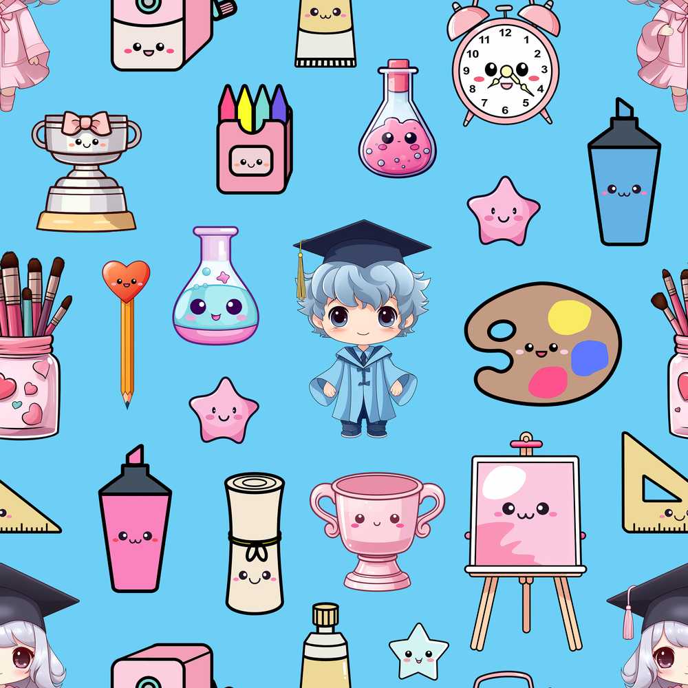 Cute Kawaii Graduate Boy Science Art Supplies Blue Background