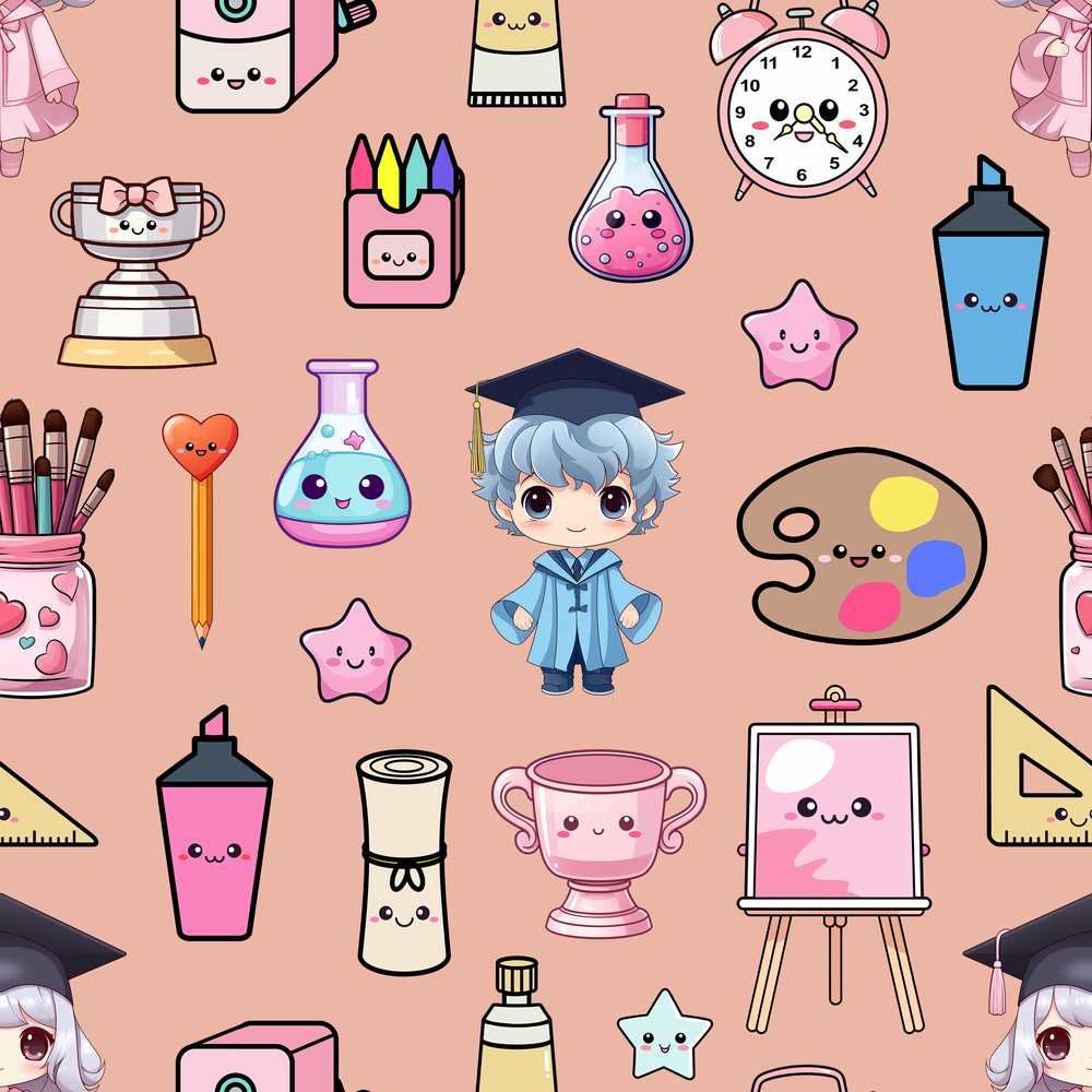 Cute Kawaii Graduate Boy Science Art Supplies Peach Background