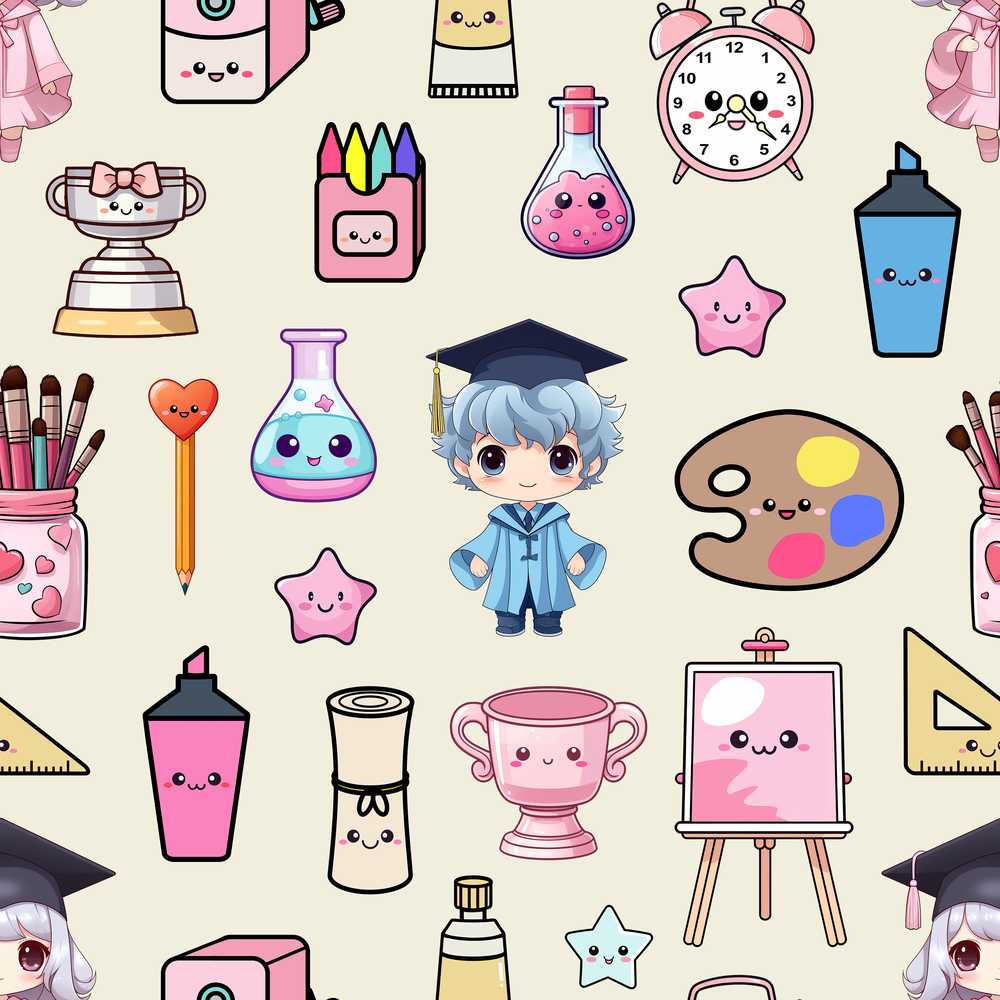 Cute Kawaii Graduate Boy Science Art Supplies Cream Background