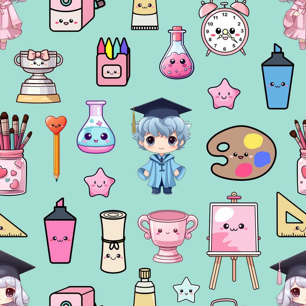 Cute Kawaii Graduate Boy Science Art Supplies Mint Background