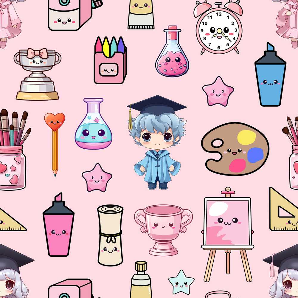 Cute Kawaii Graduate Boy Science Art Supplies Pink Background