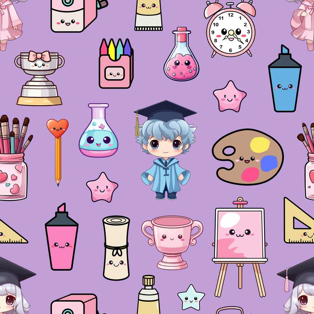 Cute Kawaii Graduation School Science Art Supplies Purple Background
