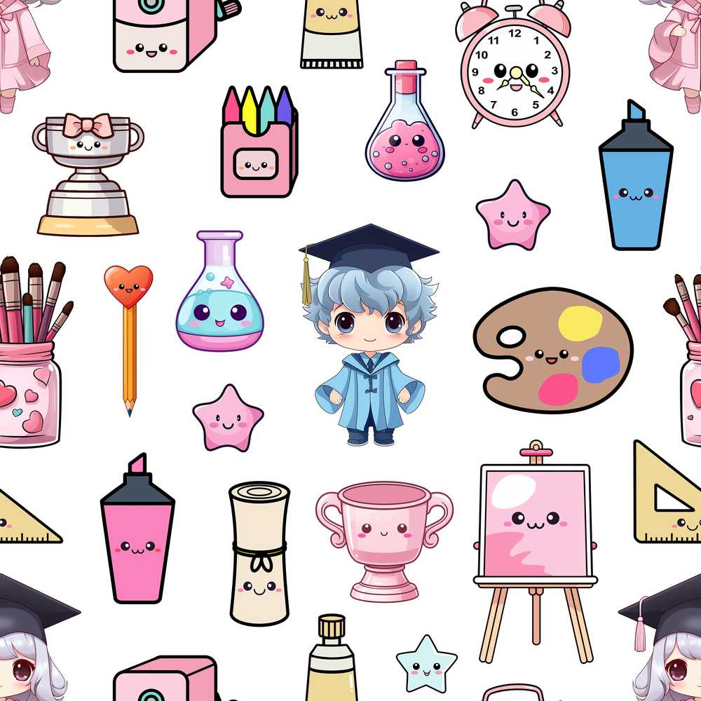 Cute Kawaii Graduation School Science Art Supplies White Background