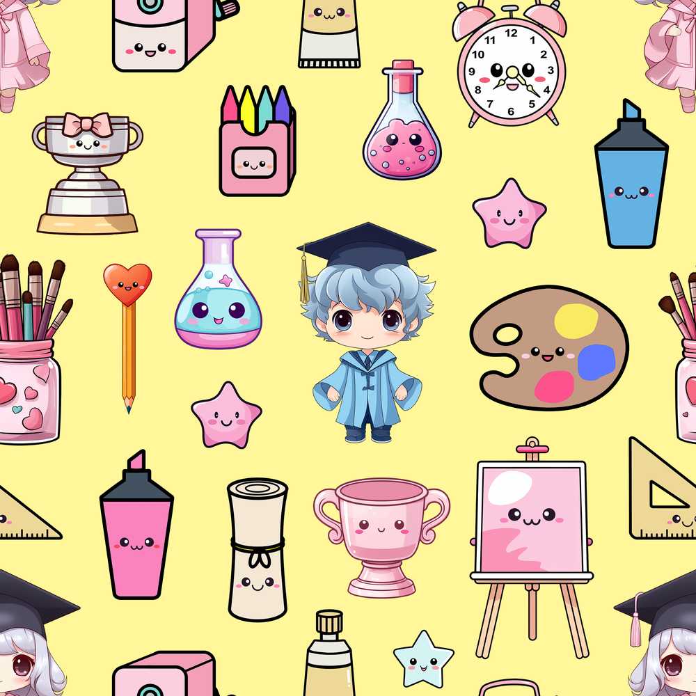 Cute Kawaii Graduation School Science Art Supplies Yellow Background
