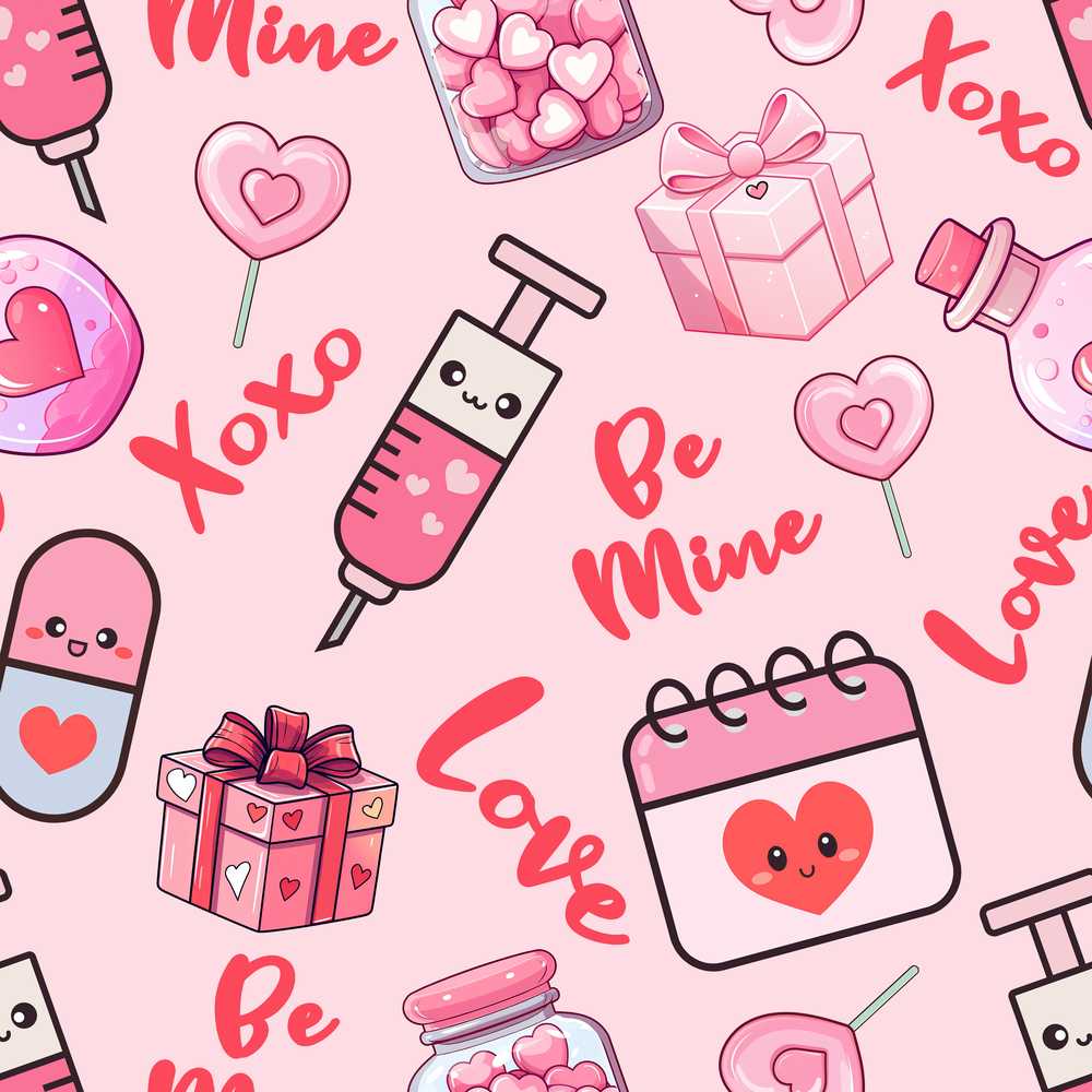 Cute Kawaii Valentine Love Hearts Syringe Gift Calendar Beige Background