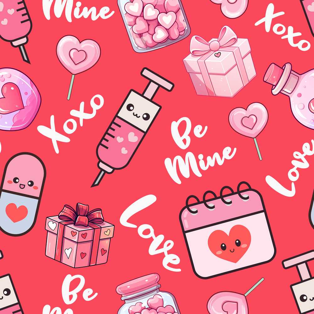 Cute Kawaii Valentine Love Hearts Syringe Gift Calendar Red Background