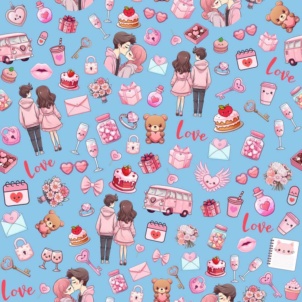 Cute Love Couple Gifts Cakes Teddy Bear Blue Background