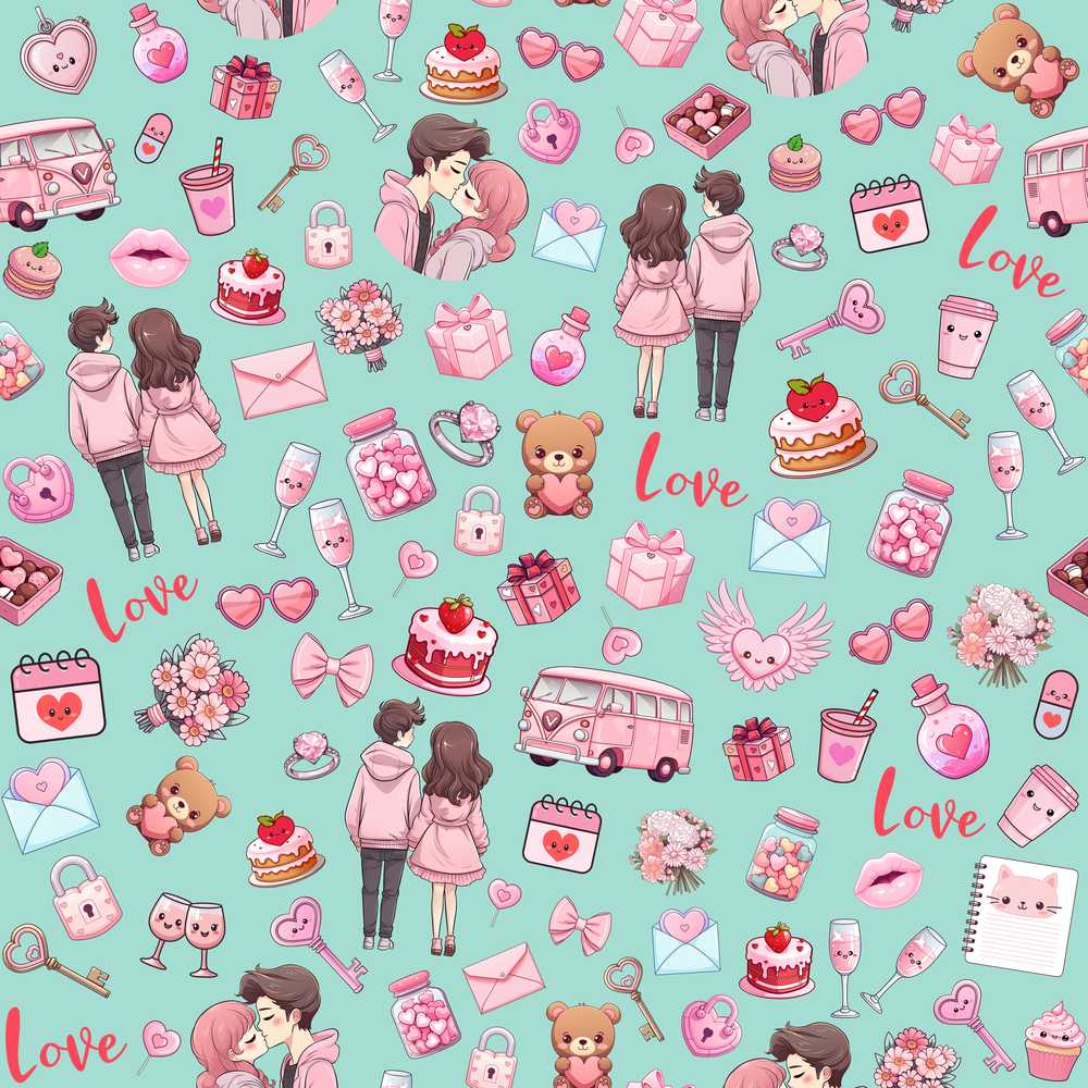 Cute Love Couple Gifts Cakes Teddy Bear Mint Green Background