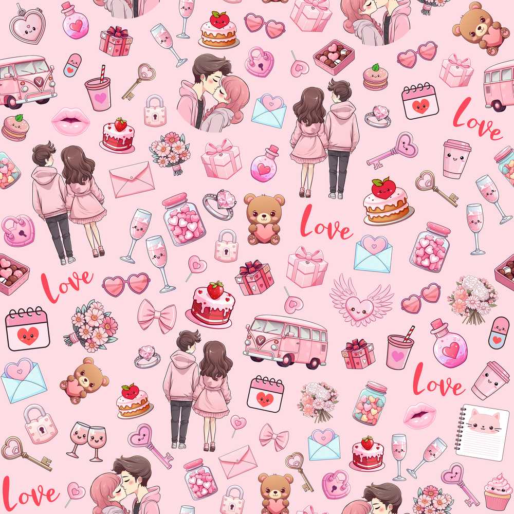 Cute Love Couple Gifts Cakes Teddy Bear Soft Pink Background