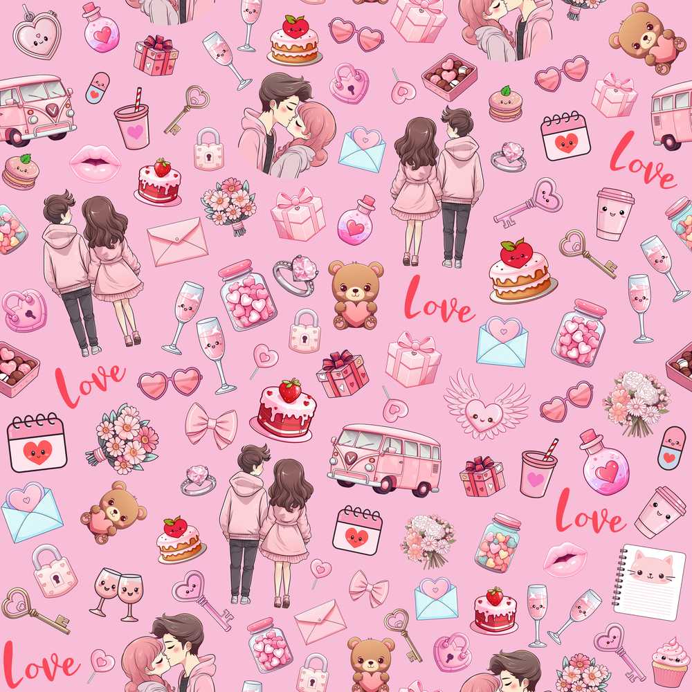 Cute Love Couple Gifts Cakes Teddy Bear Pink Background