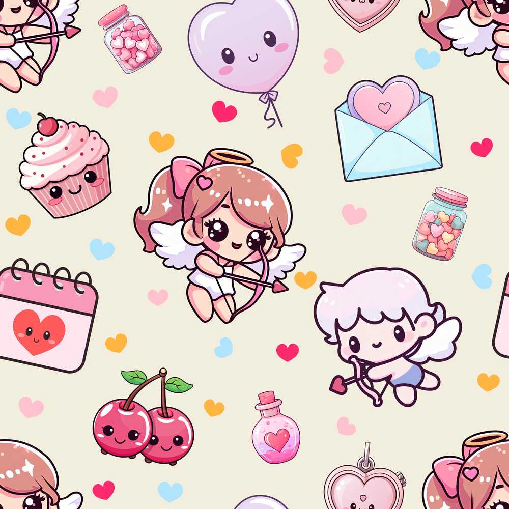 Cute Cupid Angels Hearts Sweets Balloon Love Elements Beige Background