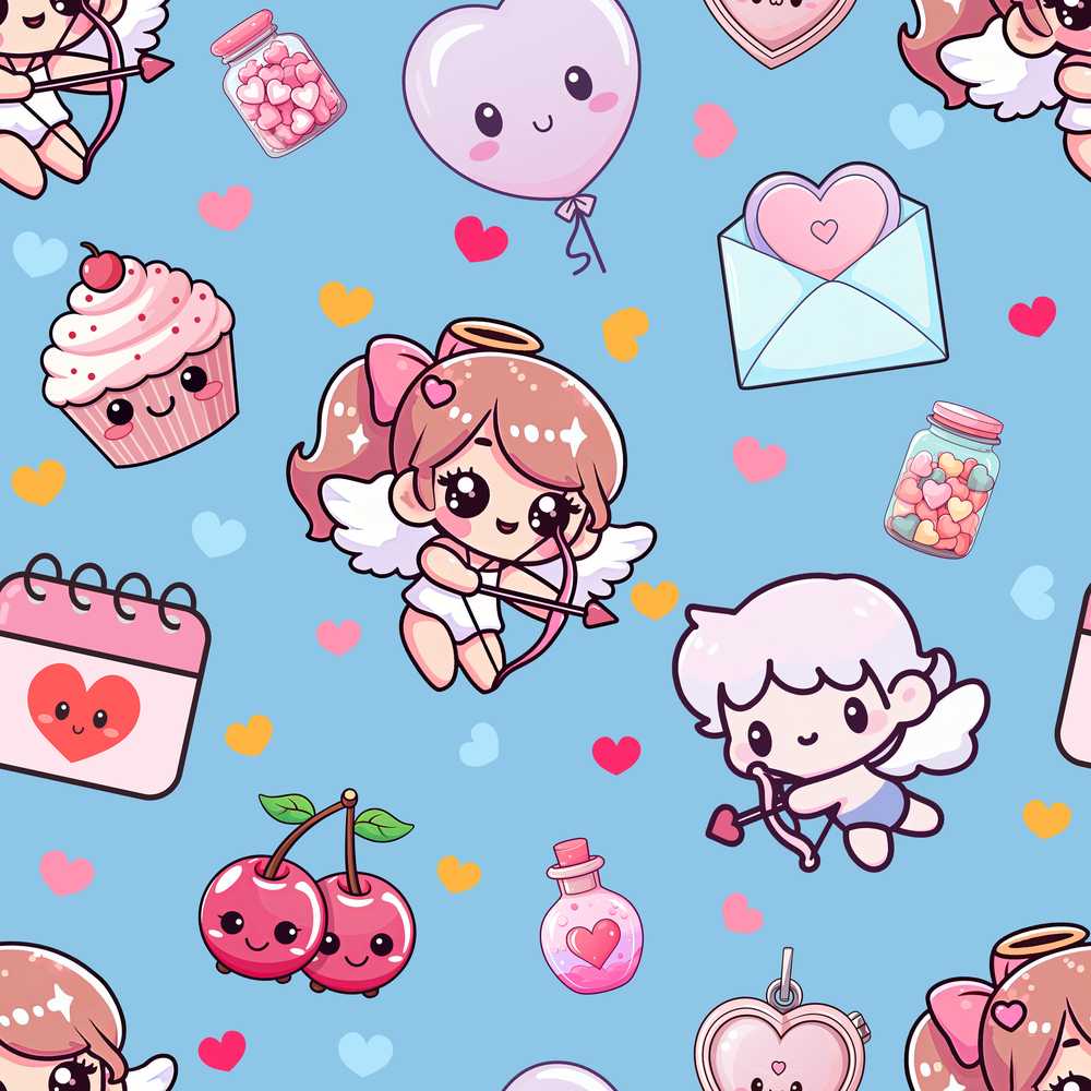 Cute Cupid Angels Hearts Sweets Balloon Love Elements Blue Background