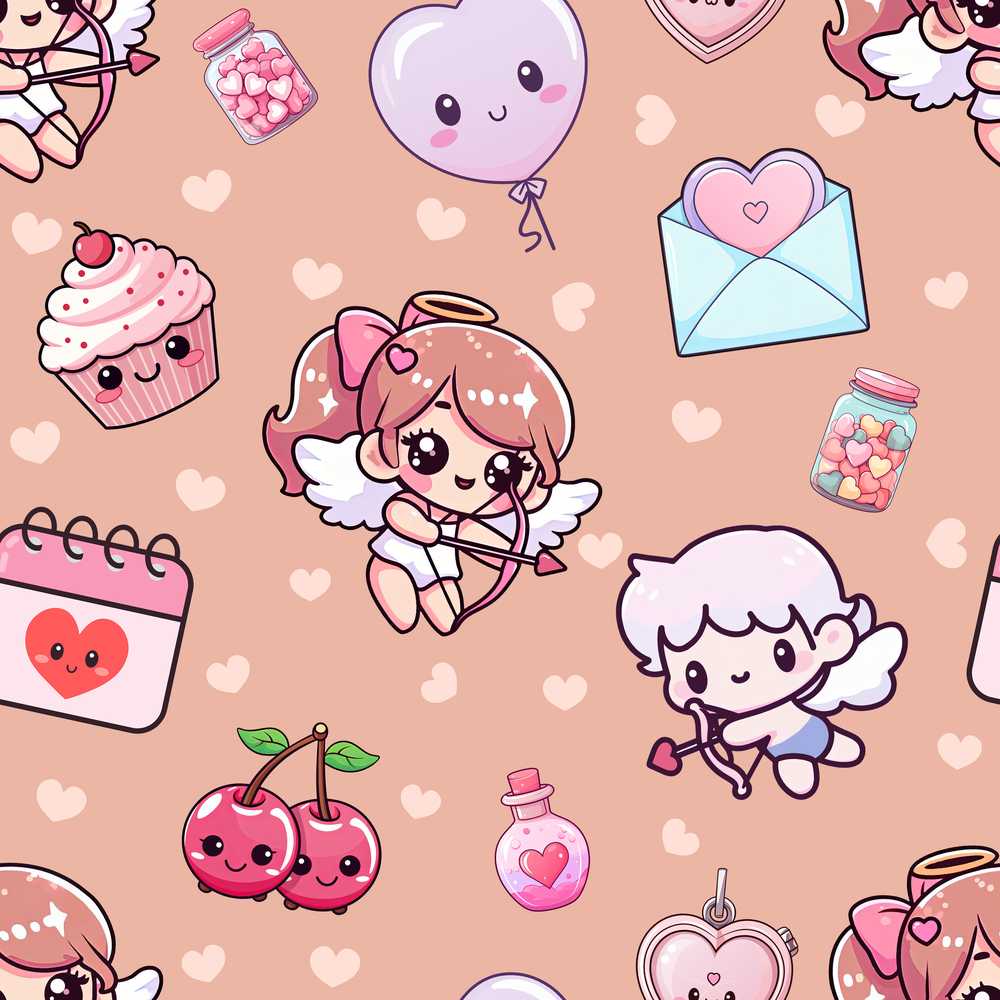 Cute Cupid Angels Hearts Sweets Balloon Love Elements Peach Background