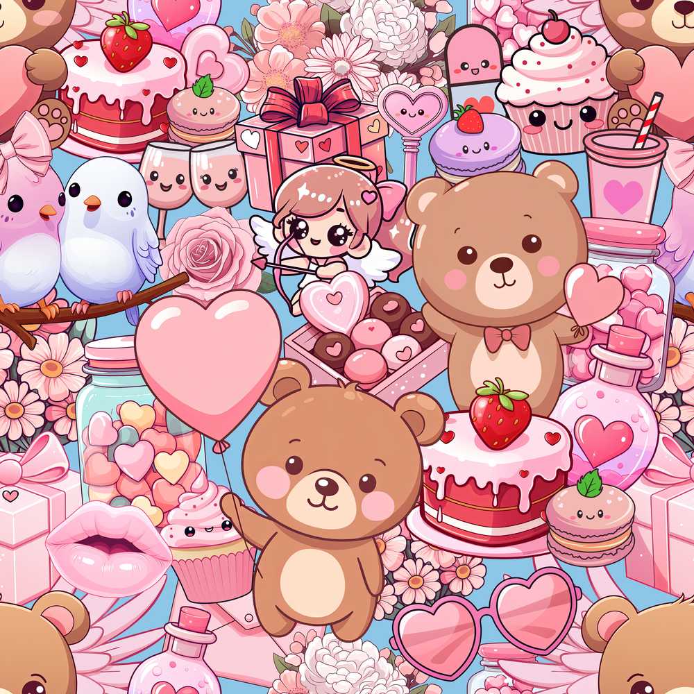 Cute Teddy Bear Cupcake Candy Hearts Romantic Collage