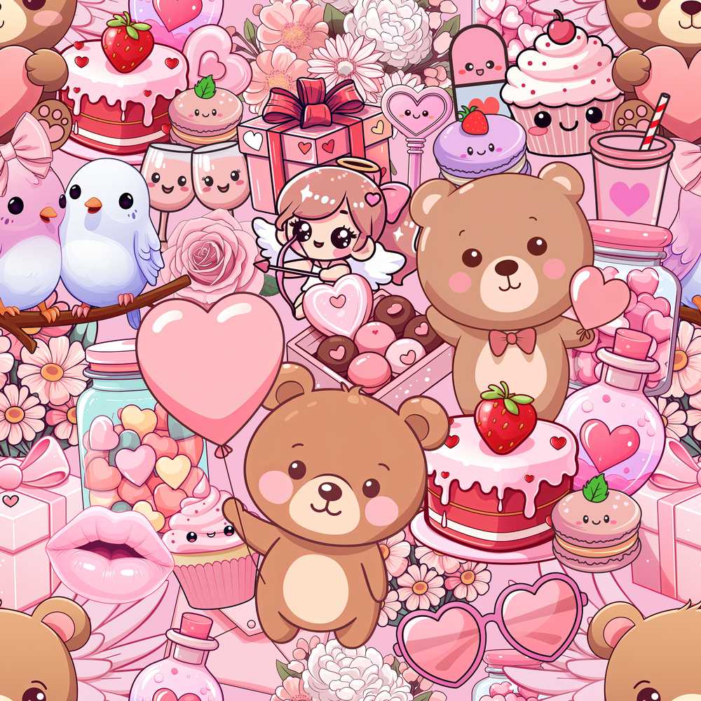 Cute Teddy Bear Cupid Cakes Hearts Flowers Valentine Kawaii Pink