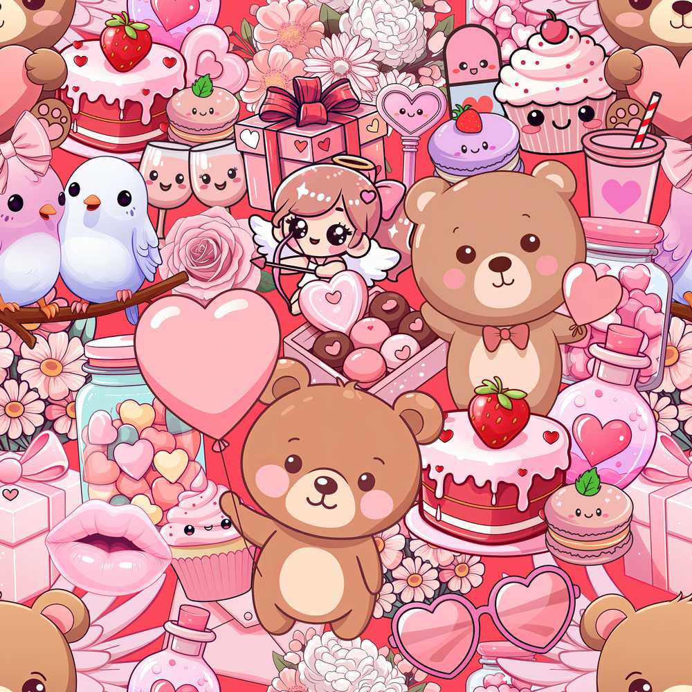 Cute Teddy Bear Cupid Cakes Hearts Flowers Valentine Kawaii Red