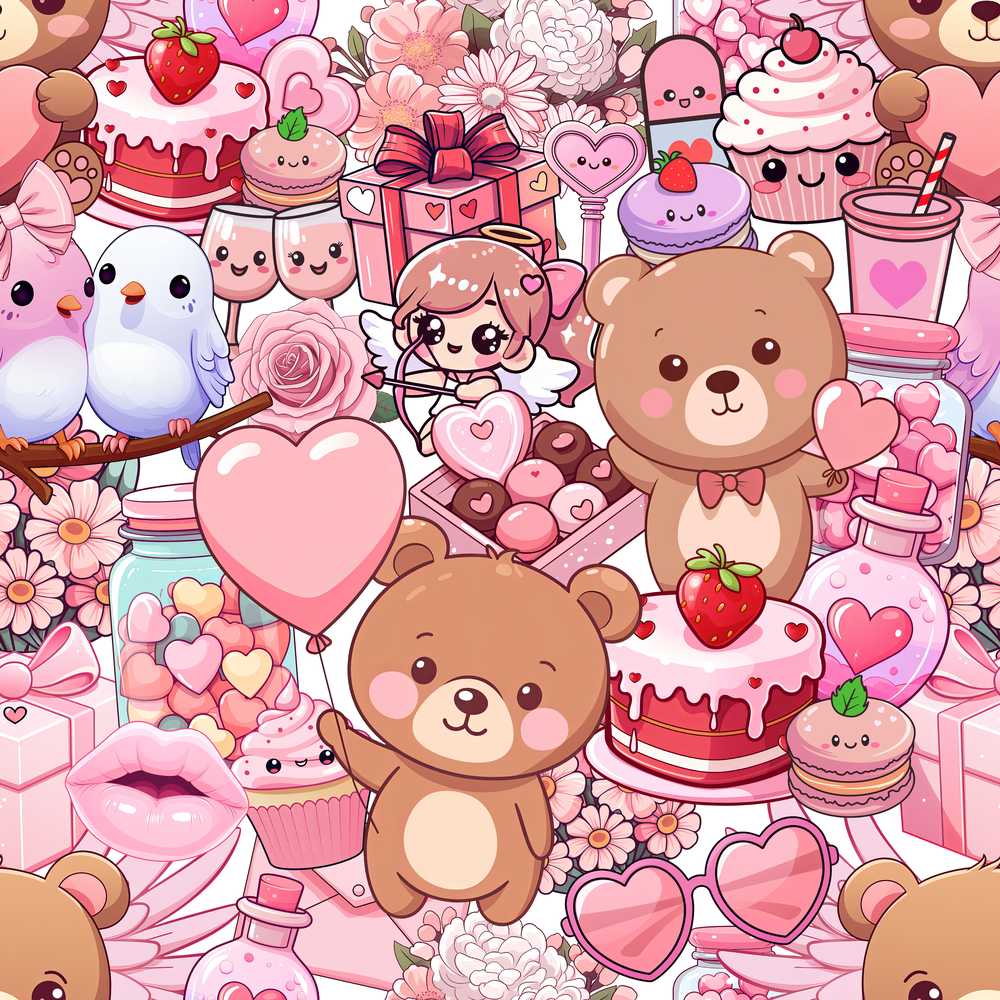 Cute Teddy Bear Cupid Cakes Hearts Flowers Valentine Kawaii White