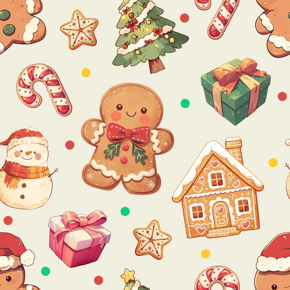 Cute Gingerbread Man Christmas Tree Candy Cane Holiday Beige Background