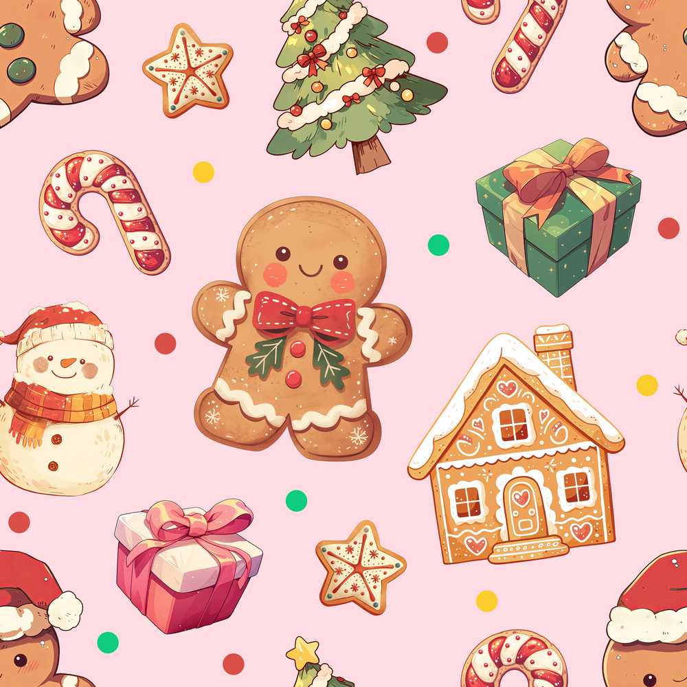 Cute Gingerbread Man Christmas Tree Candy Cane Holiday Pink Background