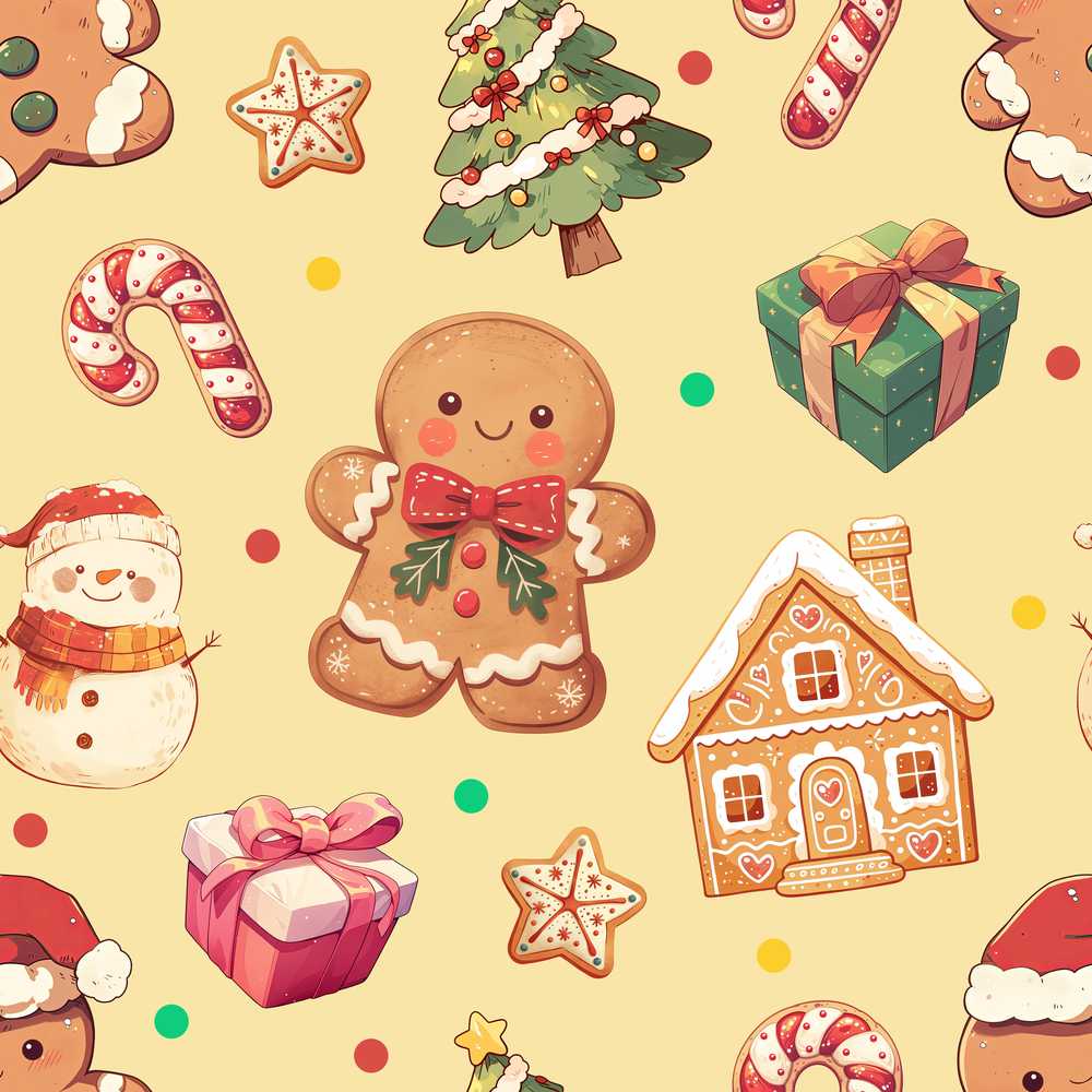 Cute Gingerbread Man Christmas Tree Candy Cane Holiday Yellow Background