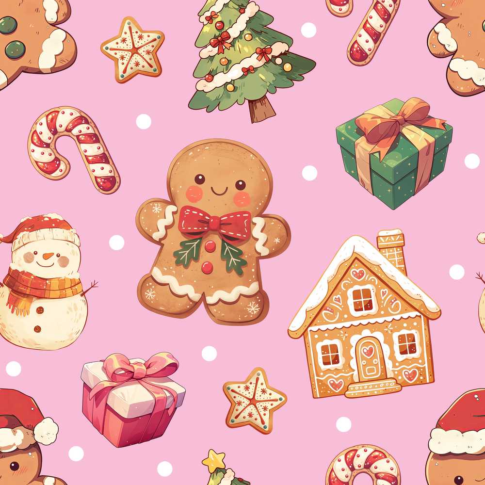 Cute Gingerbread Man Christmas Tree Candy Cane Holiday Pink Background