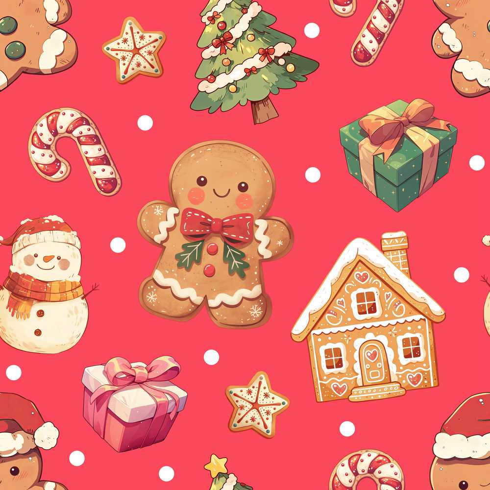 Cute Gingerbread Man Christmas Tree Candy Cane Holiday Red Background